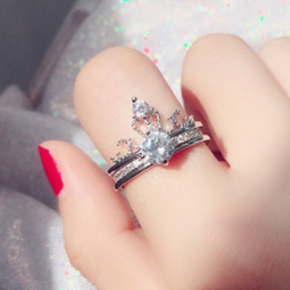 NEW 2PC 925 Silver Diamond Crown Resizable Ring - Picture 2 of 9